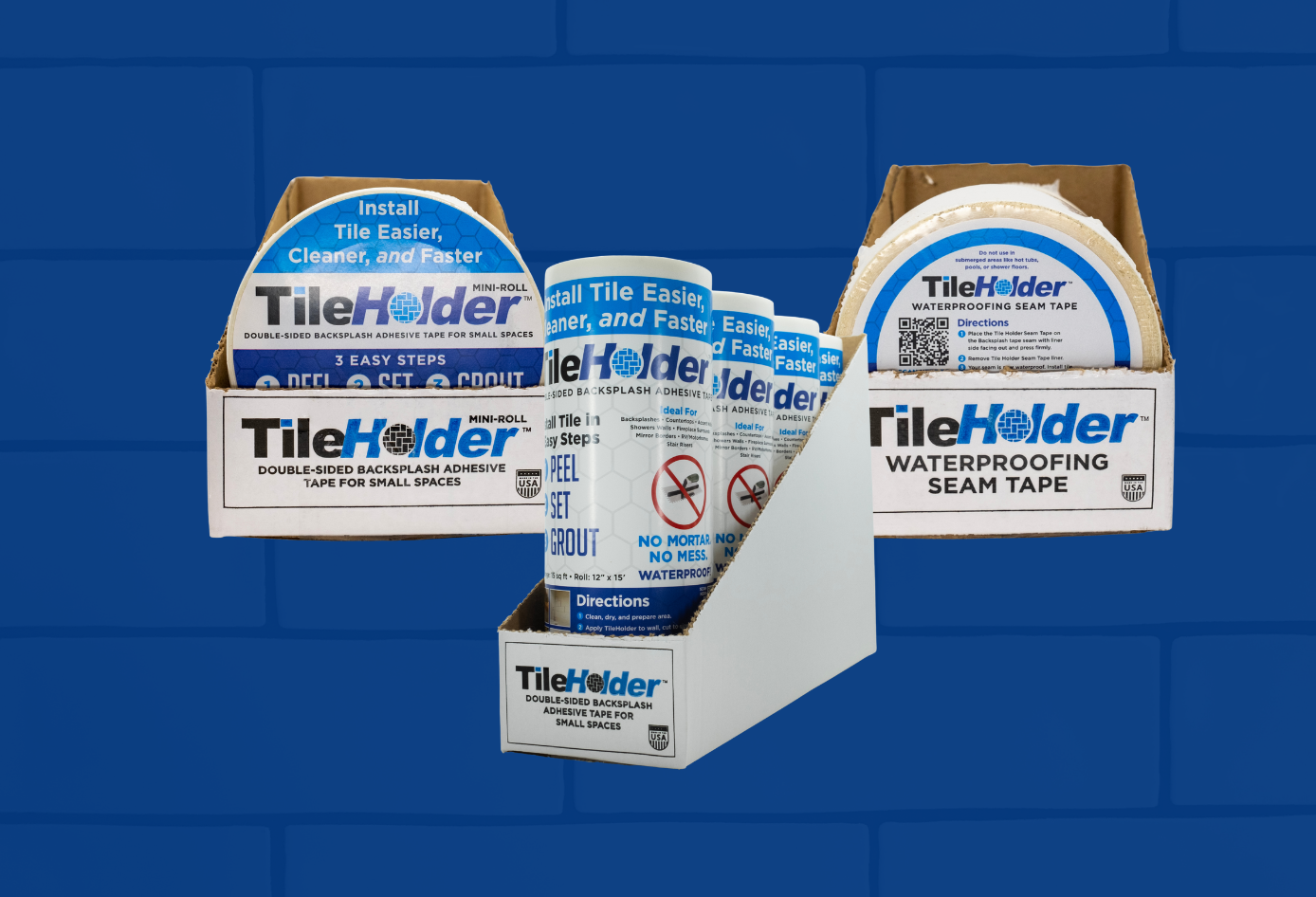TileHolder Product Package showing Peel, Set, Grout steps